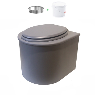 Toilette sèche en bois arrondie grise avec seau 22L plastique et bavette inox. Abattant gris