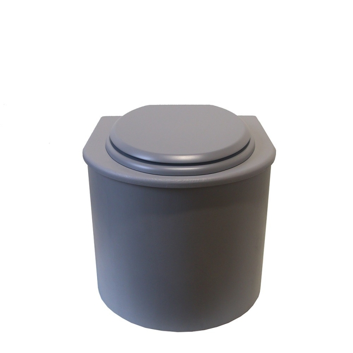  Toilette sèche en bois arrondie grise avec seau 22L plastique et bavette inox. Abattant gris