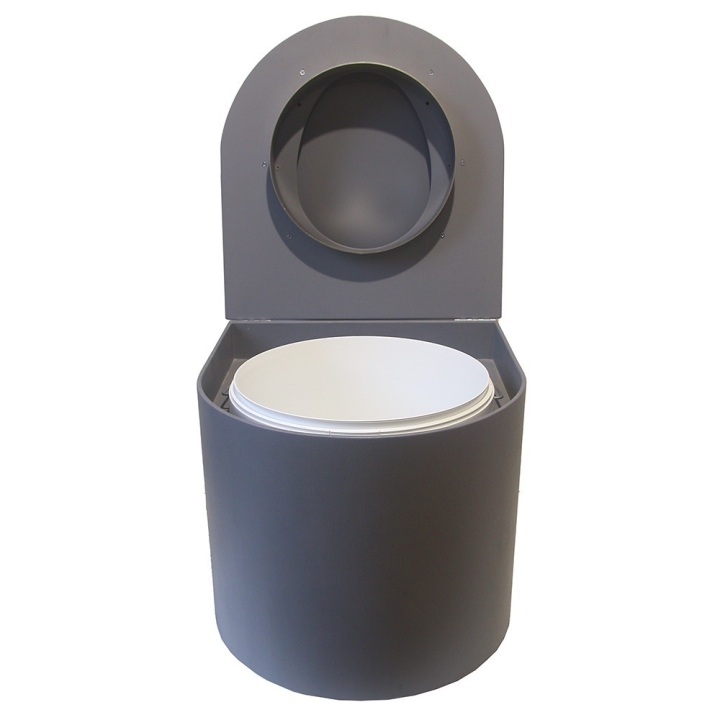  Toilette sèche en bois arrondie grise avec seau 22L plastique et bavette inox. Abattant gris