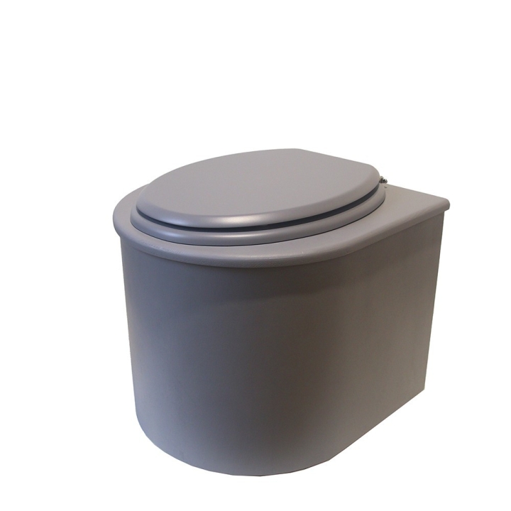  Toilette sèche en bois arrondie grise avec seau 22L plastique et bavette inox. Abattant gris