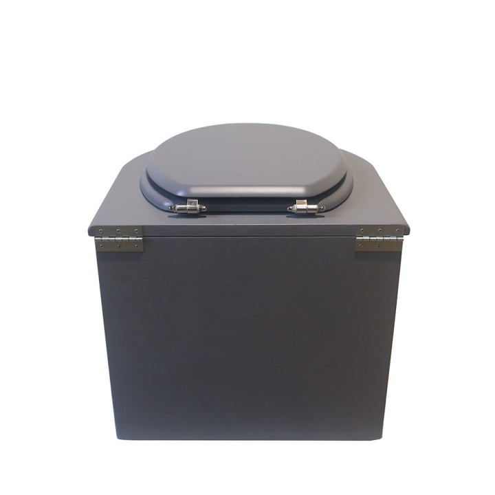  Toilette sèche en bois arrondie grise avec seau 22L plastique et bavette inox. Abattant gris