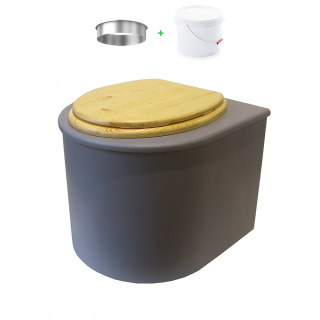 Toilette sèche en bois arrondie grise avec seau 22L plastique et bavette inox. Abattant bois huilé