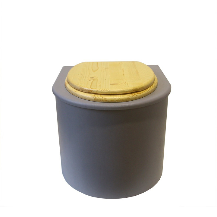  Toilette sèche en bois arrondie grise avec seau 22L plastique et bavette inox. Abattant bois huilé