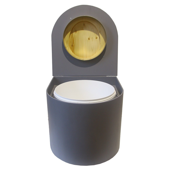  Toilette sèche en bois arrondie grise avec seau 22L plastique et bavette inox. Abattant bois huilé