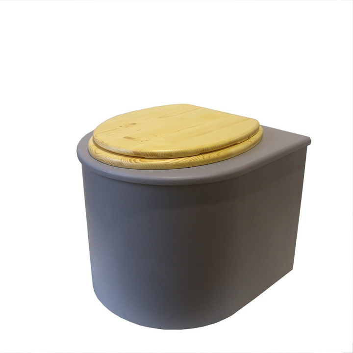  Toilette sèche en bois arrondie grise avec seau 22L plastique et bavette inox. Abattant bois huilé