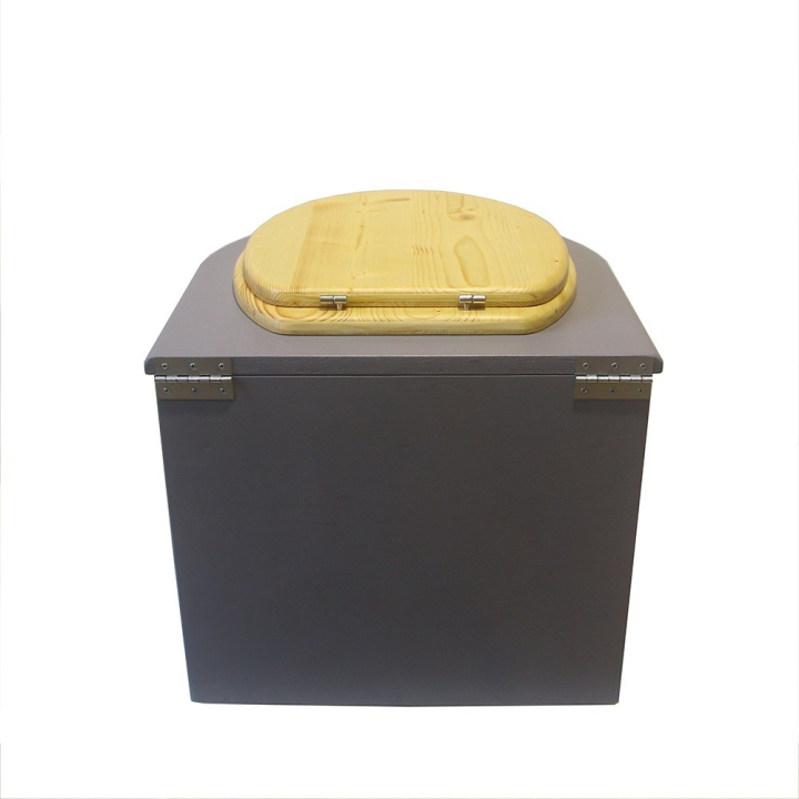  Toilette sèche en bois arrondie grise avec seau 22L plastique et bavette inox. Abattant bois huilé