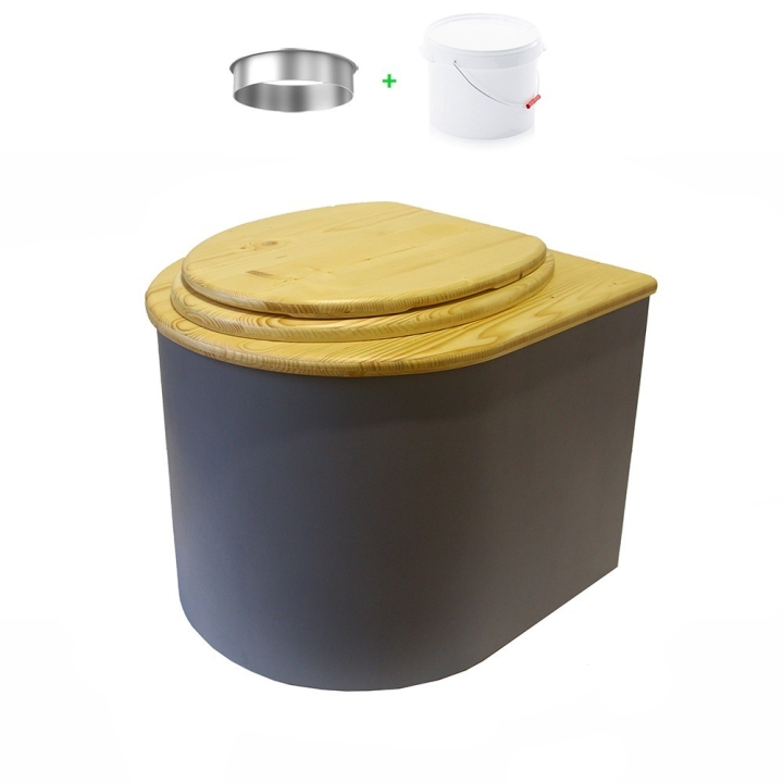 Toilette sèche en bois arrondie gris/huilé avec seau 22L plastique et bavette inox. Abattant bois huilé