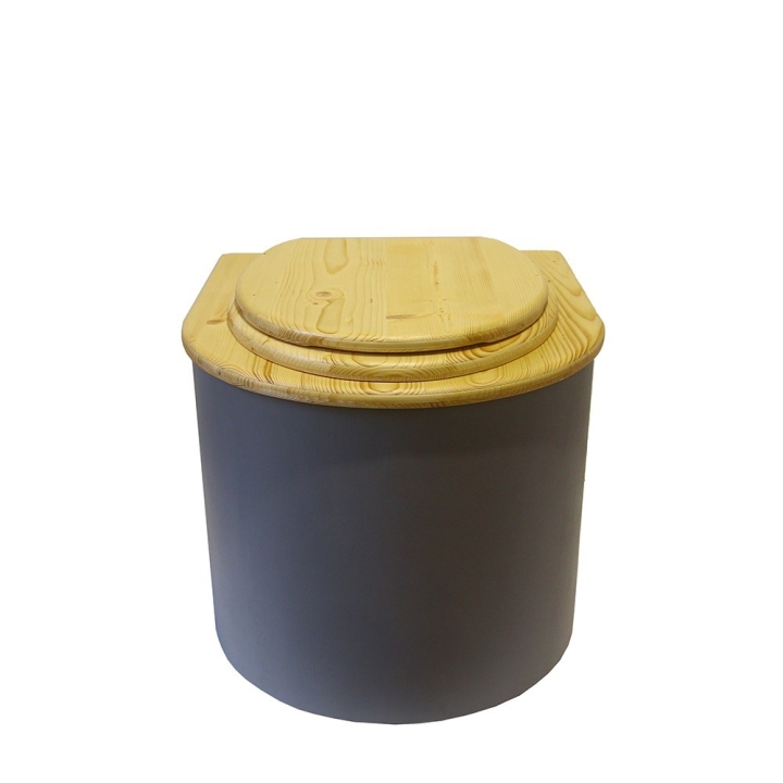  Toilette sèche en bois arrondie gris/huilé avec seau 22L plastique et bavette inox. Abattant bois huilé
