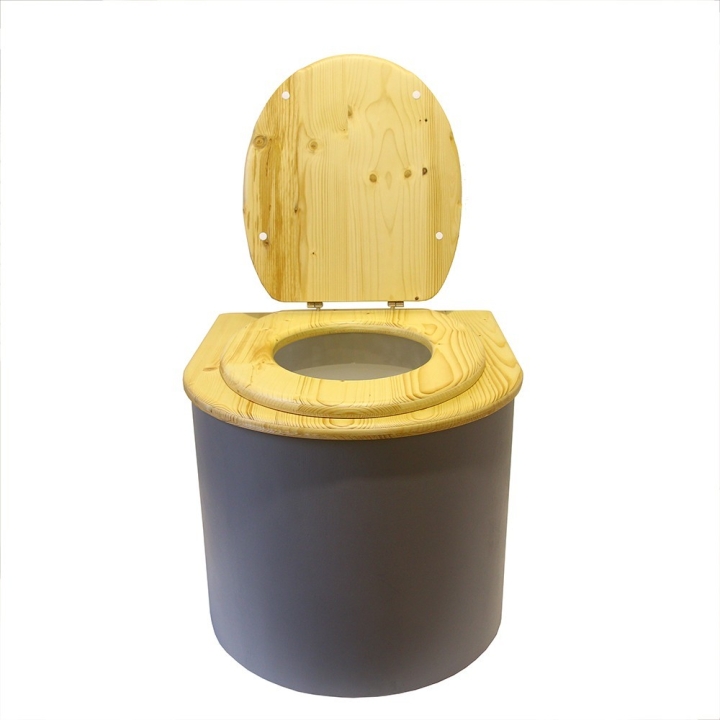  Toilette sèche en bois arrondie gris/huilé avec seau 22L plastique et bavette inox. Abattant bois huilé