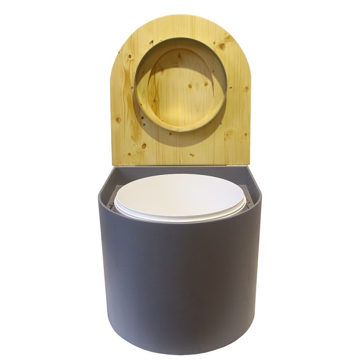  Toilette sèche en bois arrondie gris/huilé avec seau 22L plastique et bavette inox. Abattant bois huilé