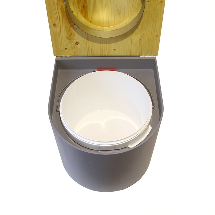  Toilette sèche en bois arrondie gris/huilé avec seau 22L plastique et bavette inox. Abattant bois huilé