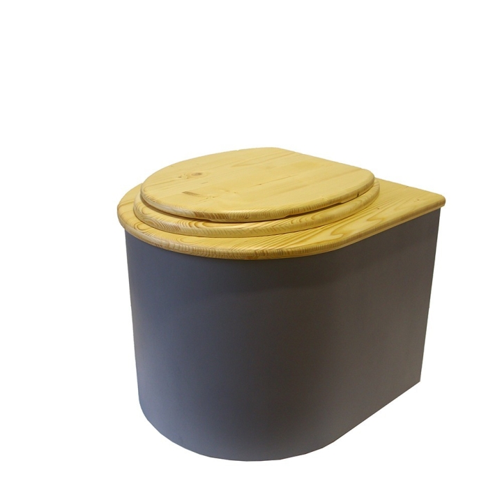  Toilette sèche en bois arrondie gris/huilé avec seau 22L plastique et bavette inox. Abattant bois huilé