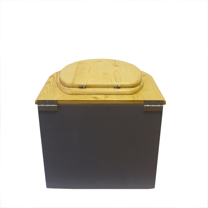  Toilette sèche en bois arrondie gris/huilé avec seau 22L plastique et bavette inox. Abattant bois huilé