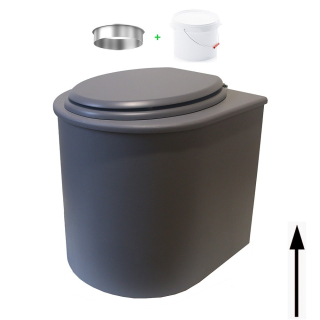 Toilette sèche rehaussée en bois arrondie grise avec seau 22L plastique et bavette inox. Abattant gris