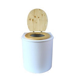 toilette sèche rehaussé arrondie bois blanc, abattant huilé, seau plastique 22 L, bavette inox. hauteur d'assise de 50 cm