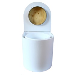 toilette sèche rehaussé arrondie bois blanc, abattant huilé, seau plastique 22 L, bavette inox. hauteur d'assise de 50 cm