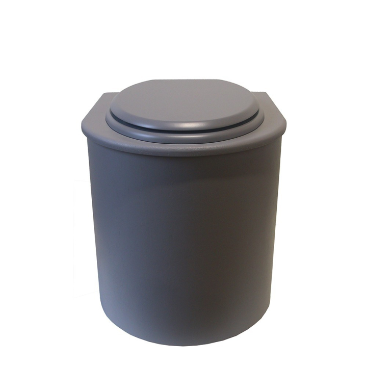  Toilette sèche rehaussée en bois arrondie grise avec seau 22L plastique et bavette inox. Abattant gris