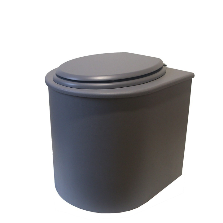  Toilette sèche rehaussée en bois arrondie grise avec seau 22L plastique et bavette inox. Abattant gris