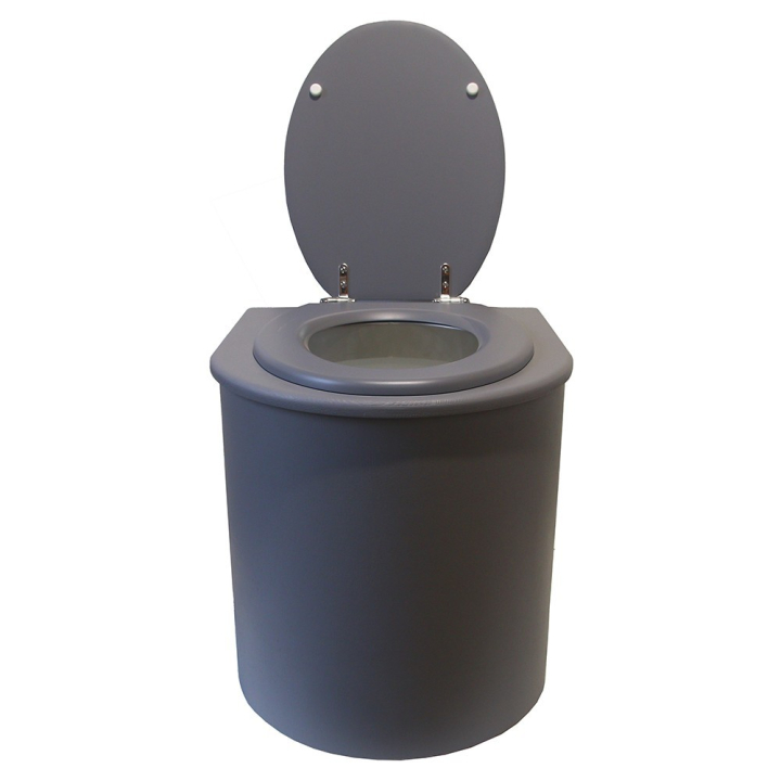  Toilette sèche rehaussée en bois arrondie grise avec seau 22L plastique et bavette inox. Abattant gris