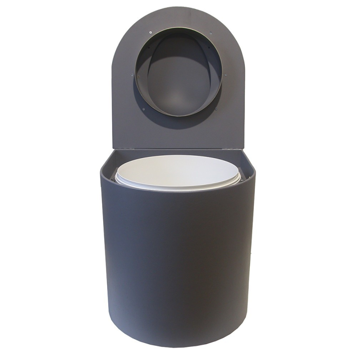  Toilette sèche rehaussée en bois arrondie grise avec seau 22L plastique et bavette inox. Abattant gris