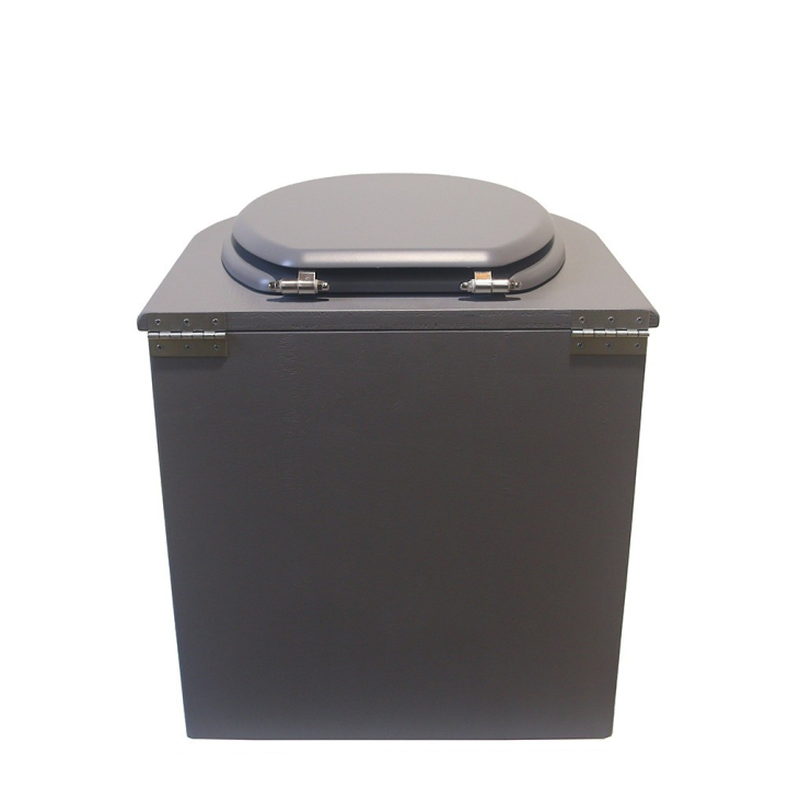  Toilette sèche rehaussée en bois arrondie grise avec seau 22L plastique et bavette inox. Abattant gris