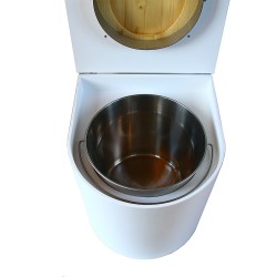 toilette sèche rehaussé arrondie bois blanc, abattant huilé, seau inox 22 L, bavette inox. hauteur d'assise de 50 cm