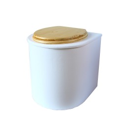 toilette sèche rehaussé arrondie bois blanc, abattant huilé, seau inox 22 L, bavette inox. hauteur d'assise de 50 cm