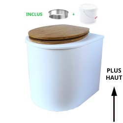 toilette sèche rehaussé arrondie bois blanc, abattant bambou, seau plastique 22 L, bavette inox. hauteur d'assise de 50 cm