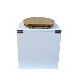 toilette sèche rehaussé arrondie bois blanc, abattant bambou, seau plastique 22 L, bavette inox. hauteur d'assise de 50 cm
