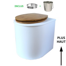 toilette sèche rehaussé arrondie bois blanc, abattant bambou, seau inox 22 L, bavette inox. hauteur d'assise de 50 cm