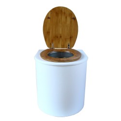 toilette sèche rehaussé arrondie bois blanc, abattant bambou, seau inox 22 L, bavette inox. hauteur d'assise de 50 cm
