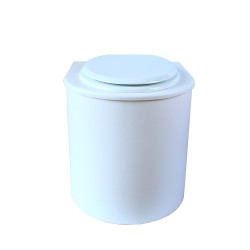 toilette sèche rehaussé arrondie bois blanc, abattant blanc, seau plastique 22 L, bavette inox. hauteur d'assise de 50 cm