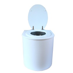 toilette sèche rehaussé arrondie bois blanc, abattant blanc, seau inox 22 L, bavette inox. hauteur d'assise de 50 cm