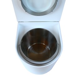 toilette sèche rehaussé arrondie bois blanc, abattant blanc, seau inox 22 L, bavette inox. hauteur d'assise de 50 cm