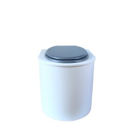 toilette sèche rehaussé arrondie bois blanc, abattant gris, seau plastique 22 L, bavette inox. hauteur d'assise de 50 cm
