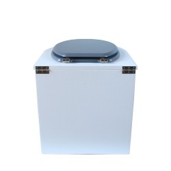 toilette sèche rehaussé arrondie bois blanc, abattant gris, seau plastique 22 L, bavette inox. hauteur d'assise de 50 cm