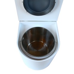 toilette sèche rehaussé arrondie bois blanc, abattant gris, seau inox 22 L, bavette inox. hauteur d'assise de 50 cm