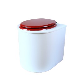 toilette sèche rehaussé arrondie bois blanc, abattant rouge, seau plastique 22 L, bavette inox. PMR hauteur d'assise de 50 cm