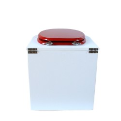 toilette sèche rehaussé arrondie bois blanc, abattant rouge, seau inox 22 L, bavette inox. hauteur d'assise de 50 cm