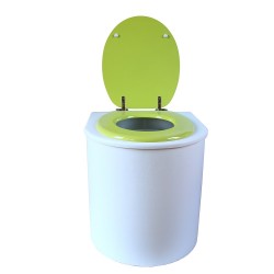 toilette sèche rehaussé arrondie bois blanc, abattant vert, seau plastique 22 L, bavette inox. PMR hauteur d'assise de 50 cm