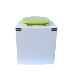 toilette sèche rehaussé arrondie bois blanc, abattant vert, seau plastique 22 L, bavette inox. PMR hauteur d'assise de 50 cm