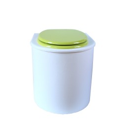 toilette sèche rehaussé arrondie bois blanc, abattant vert, seau inox 22 L, bavette inox. hauteur d'assise de 50 cm PMR
