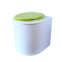 toilette sèche rehaussé arrondie bois blanc, abattant vert, seau inox 22 L, bavette inox. hauteur d'assise de 50 cm PMR