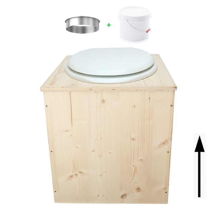 Toilette sèche rehaussée en bois brut complète avec seau plastique 22L