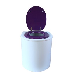 toilette sèche rehaussé arrondie bois blanc, abattant violet, seau plastique 22 L, bavette inox. PMR hauteur d'assise de 50 cm