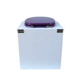 toilette sèche rehaussé arrondie bois blanc, abattant violet, seau plastique 22 L, bavette inox. PMR hauteur d'assise de 50 cm