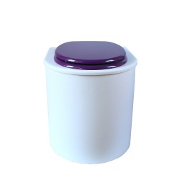 toilette sèche rehaussé arrondie bois blanc, abattant violet, seau inox 22 L, bavette inox. hauteur d'assise de 50 cm PMR
