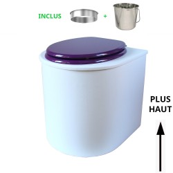 toilette sèche rehaussé arrondie bois blanc, abattant violet, seau inox 22 L, bavette inox. hauteur d'assise de 50 cm PMR