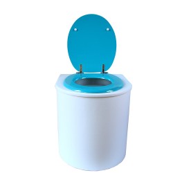 toilette sèche rehaussé arrondie bois blanc, abattant turquoise, seau plastique 22 L, bavette inox. hauteur d'assise de 50 cm
