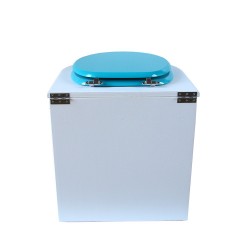 toilette sèche rehaussé arrondie bois blanc, abattant turquoise, seau plastique 22 L, bavette inox. hauteur d'assise de 50 cm